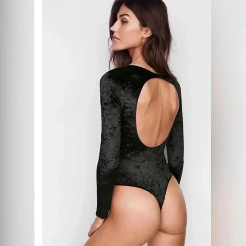 Victoria's Secret Crushed Velvet Plunge Bodysuit Black XS/S - Picture 5 of 7